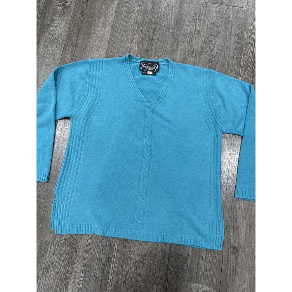 Rochelle California Womens Blue V-Neck Cable Knit Pullover Sweater Size Large